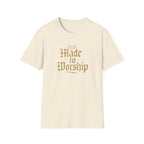 Beige t-shirt with 'Made to Worship' text on a white background