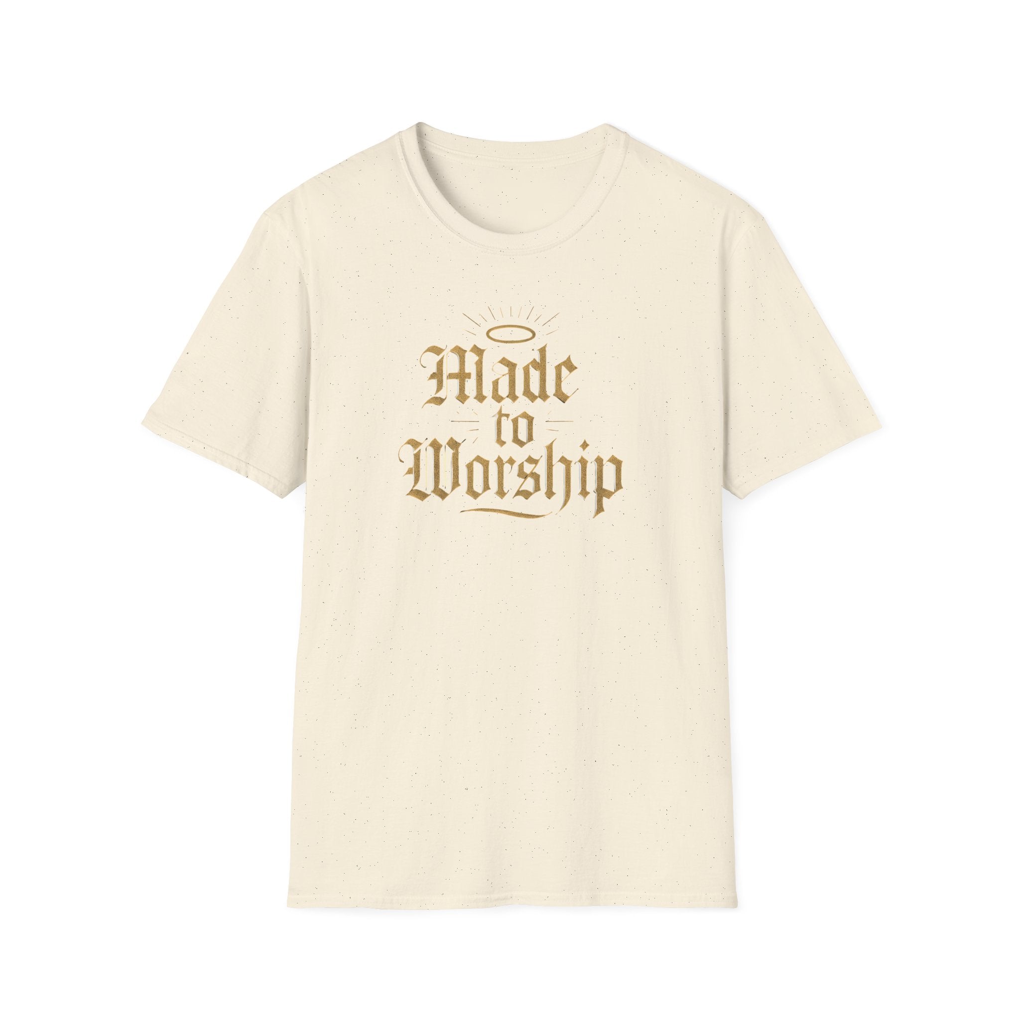 Beige t-shirt with 'Made to Worship' text on a white background