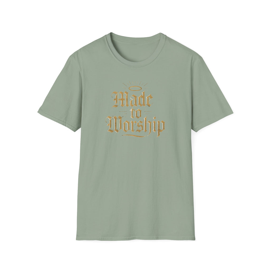 Green t-shirt with 'Made to Worship' text on a white background