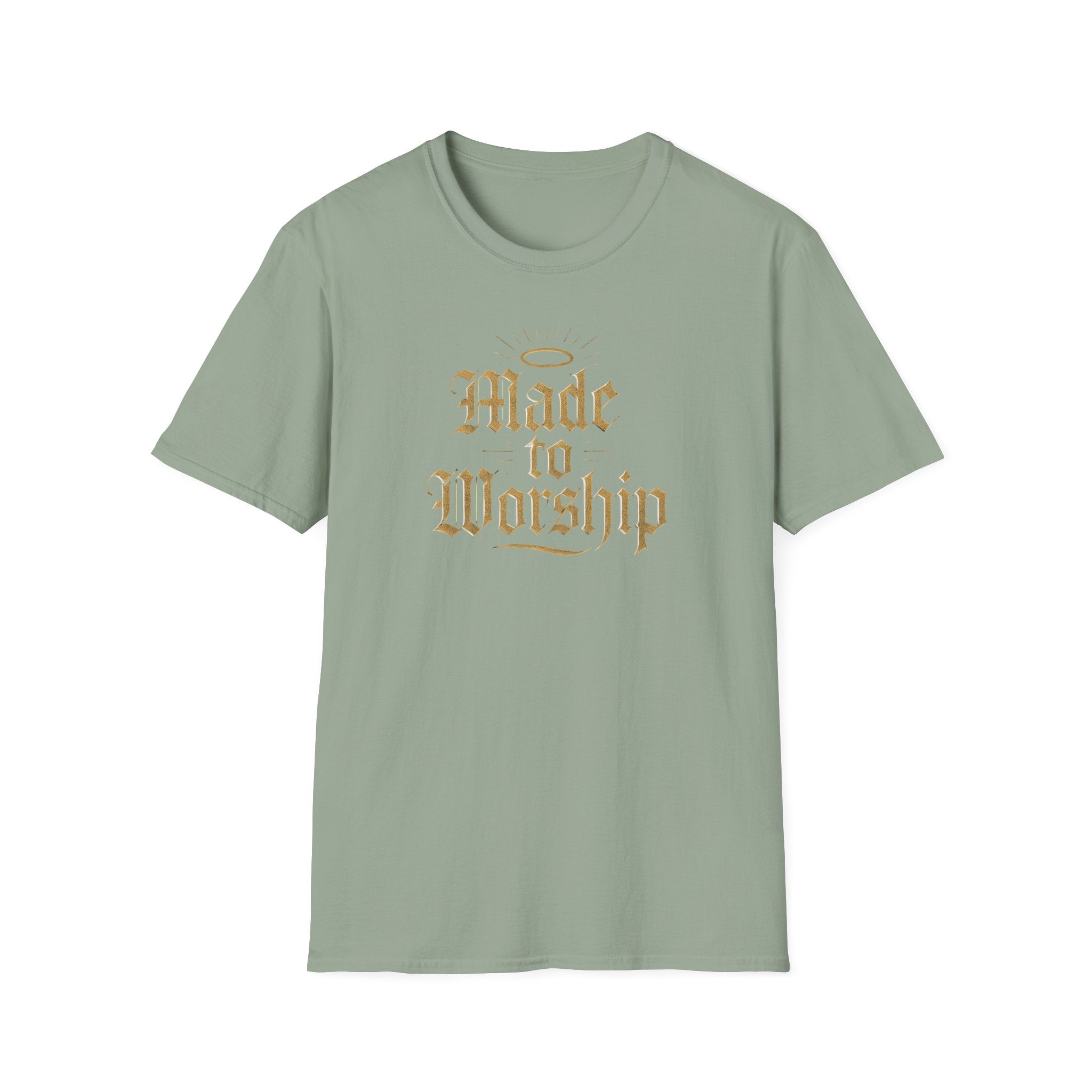 Green t-shirt with 'Made to Worship' text on a white background