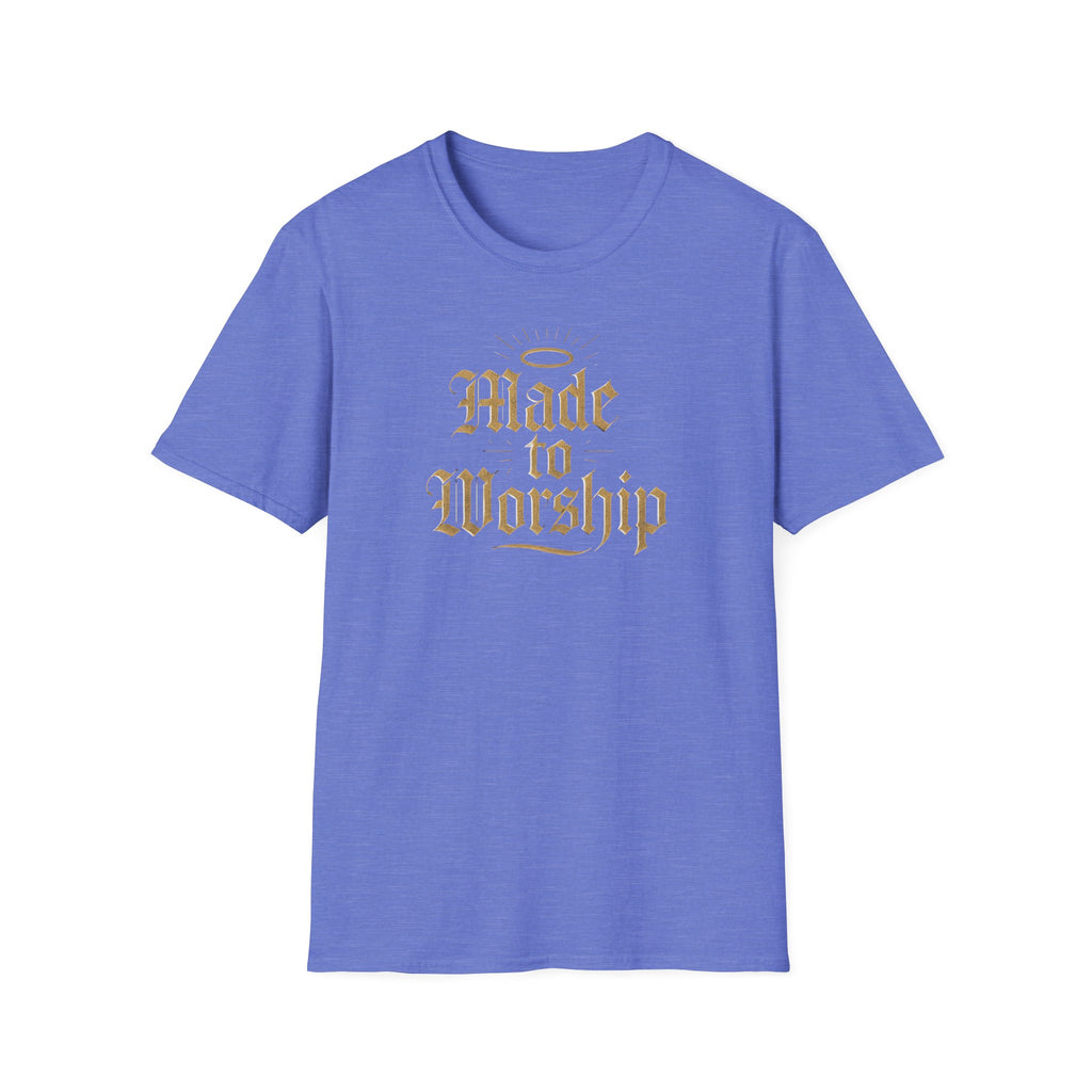 Blue t-shirt with 'Made to Worship' text on a white background
