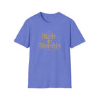 Blue t-shirt with 'Made to Worship' text on a white background