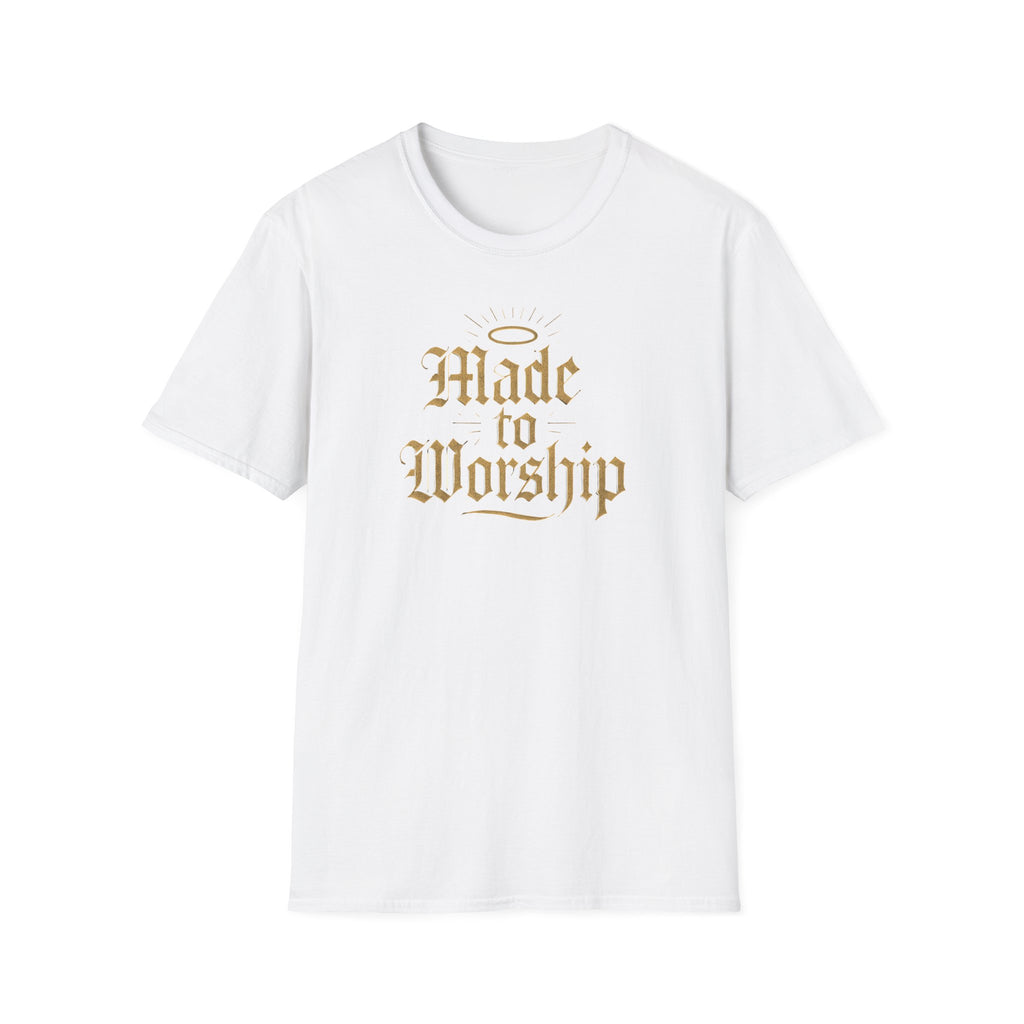 White t-shirt with 'Made to Worship' text in gold on a white 