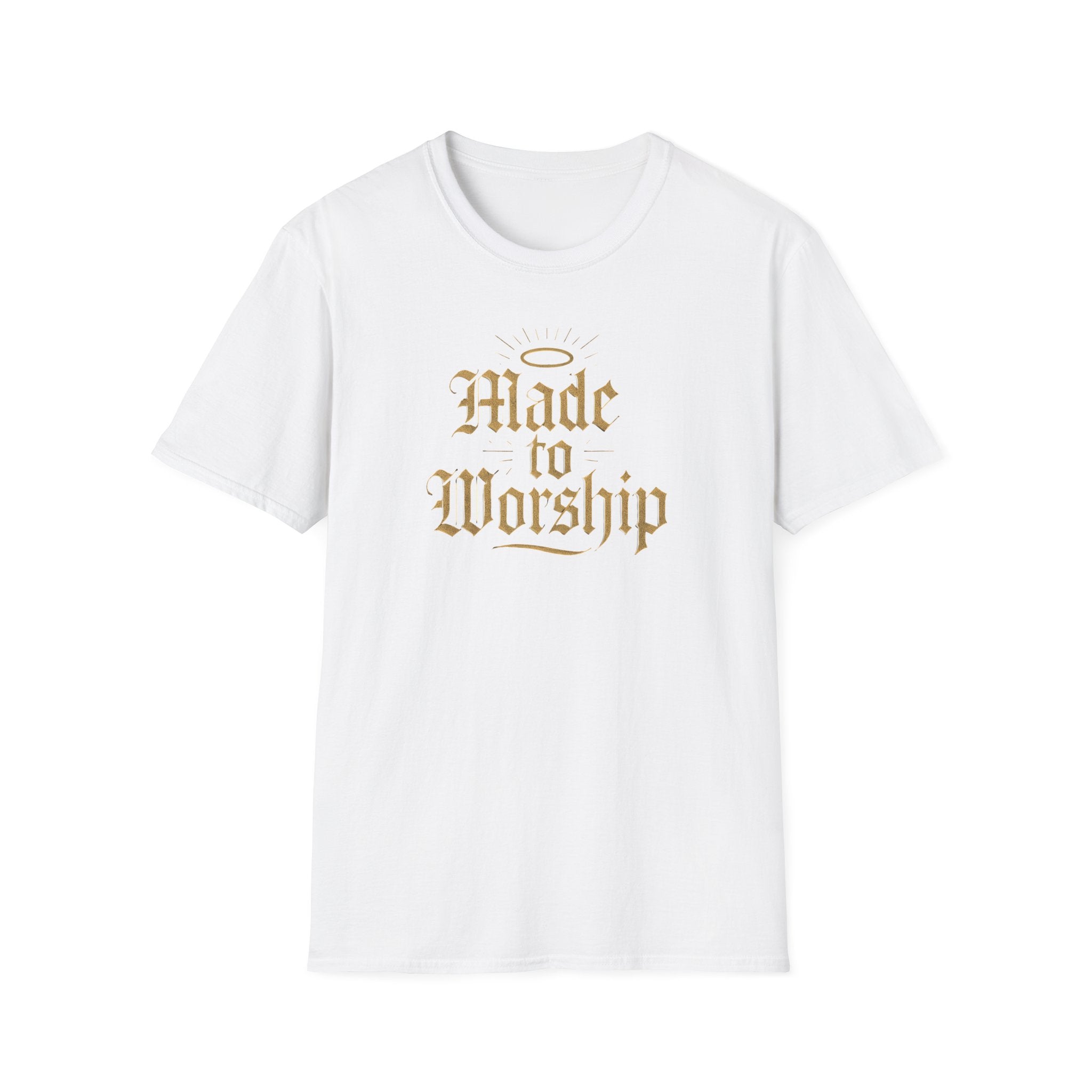 White t-shirt with 'Made to Worship' text in gold on a white 